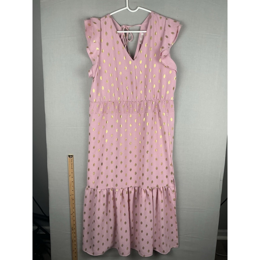 Kirundo Womens Pink Gold Polka Dot Midi Dress Size L Flutter Sleeve V Neck